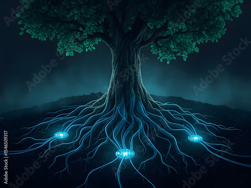 Tree of Technology: An artistic rendering portrays a majestic tree with glowing roots interconnected with technological hubs, a symbol of the digital age blending with the natural world.