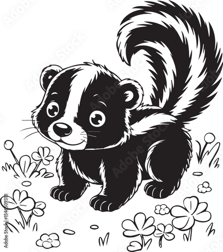 Cute Baby Skunk Cartoon Illustration - Black and White Adventure Art