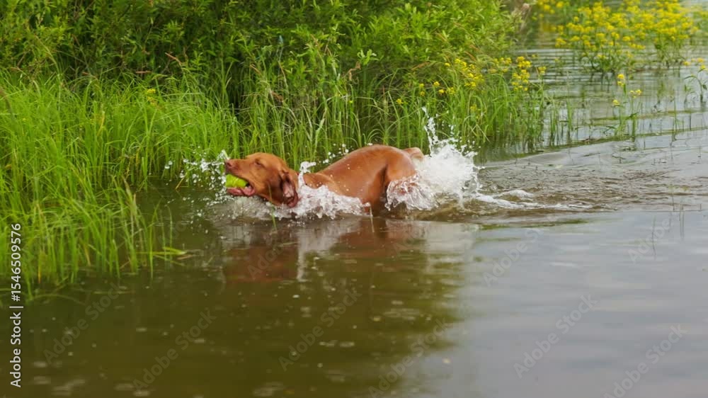 A lively Hungarian vizsla swims joyfully, fetching its favorite green ball by a tranquil lakeside.