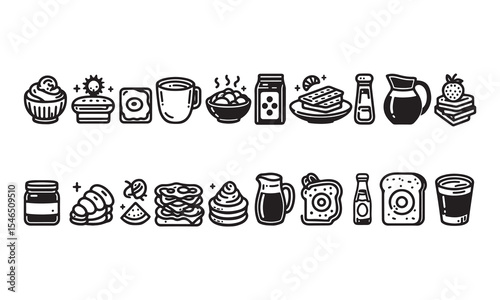   Breakfast food silhouette icon set line art vector illustration