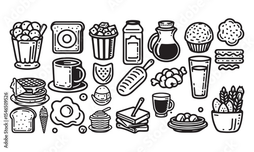  Breakfast food silhouette icon set line art vector illustration on white background