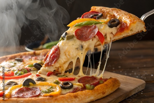 Hot pizza slice freshly baked with pepperoni olives and stringy melted cheese