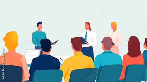 A group of people attending a presentation or meeting, with one person speaking and others seated and listening attentively.