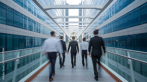 A group of professionals in suits walking along a sleek, modern walkway between glass buildings, conveying a sense of teamwork and ambition.