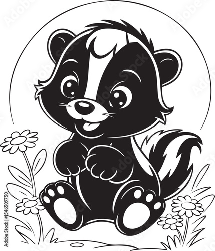 Cute Baby Skunk Cartoon Illustration - Black and White Adventure Art