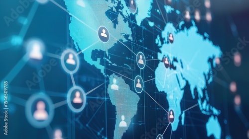 A digital world map with interconnected user icons representing global communication and networking.