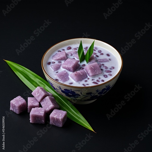 A bowl of Vietnamese dessert, che khoai mon (taro dessert) with creamy taro chunks, coconut milk, and tapioca pearls, topped with sesame seeds, set against a black background