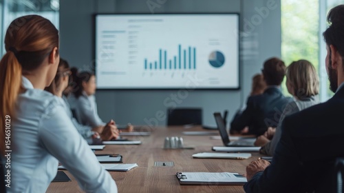 Business professionals attend a meeting in a modern conference room, viewing a presentation with charts and data on a large screen.