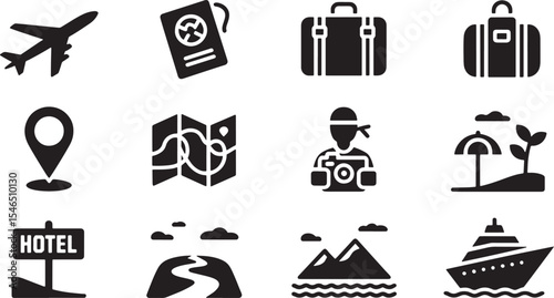 Black and White Line Art Travel Icons Set Airplane Passport Suitcases Map Location Photographer Beach Cruise