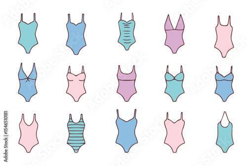 Set of linear bright women's bikini swimsuits on white background. Doodle style women's clothing icons. Hand drawn isolated fashion vector illustration.