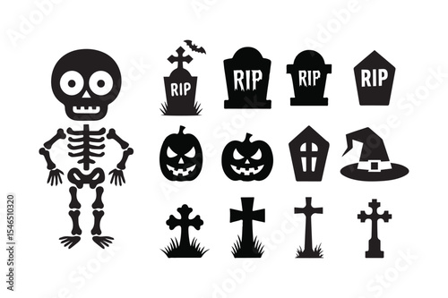 Halloween Skeleton and Graveyard Silhouette Set with Crosses and Pumpkins