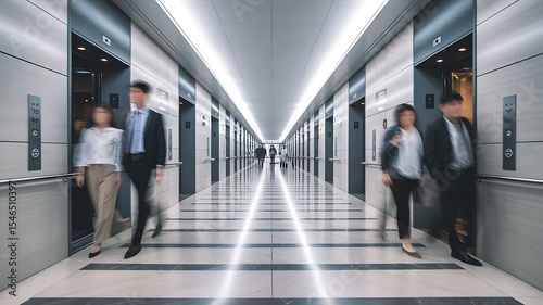 A modern office building corridor with blurred figures in business attire, accentuating a busy atmosphere.