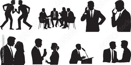 Black And White Silhouette Illustrations Of Couples Business People And Public Speaking vector
