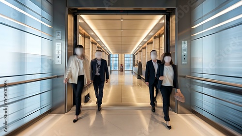 Business professionals exiting an elevator in a modern office building, showcasing a sleek, contemporary design.