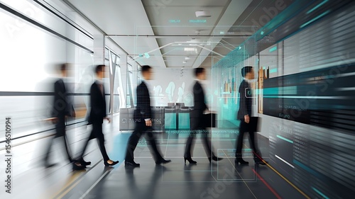 A group of diverse business professionals walking through a modern office, with digital analytics overlay highlighting technological advancements.