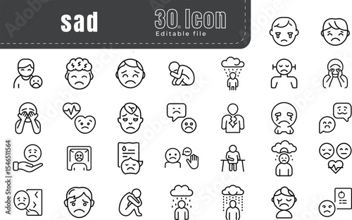 Sad and Emotional Line Icons Set – Depression, Feeling Down, Tear, Heartbreak, Melancholy Symbols in Minimal Style