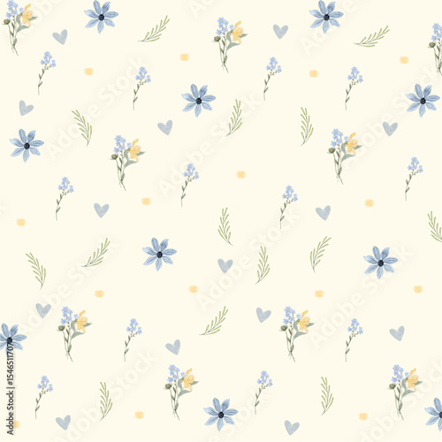 Flower seamless pattern with abstract floral branches with leaves, blossom flowers and hearts. Vector nature illustration in vintage watercolor style on light yellow background.