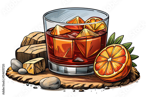 Boulevardier cocktail served in lowball glass with ice cubes and citrus garnish on white isolated bold whiskey-based drink vector ideal for bar menus, mixology art, or recipes