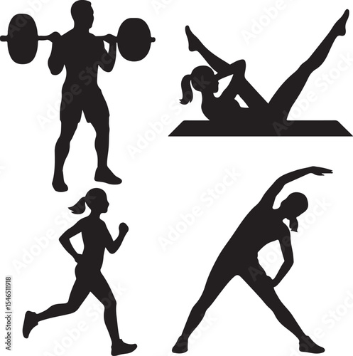 Fitness Activity Silhouettes – Gym, Pilates, Jogging, Stretching Icons