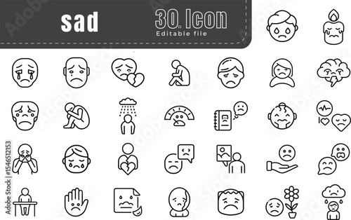 Sad and Emotional Line Icons Set – Depression, Feeling Down, Tear, Heartbreak, Melancholy Symbols in Minimal Style