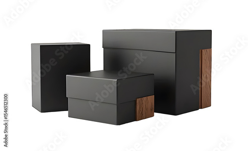 Trio Set of Black Rectangular Packaging Mockups with Wood Accents on White Background
