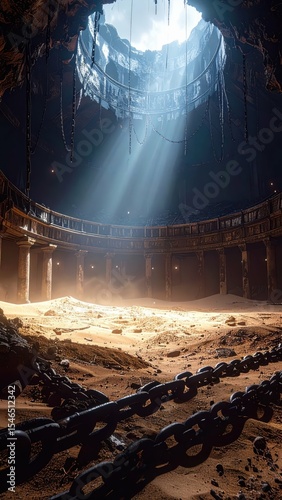 Ancient Underground Coliseum with Spectral Light and Broken Chains