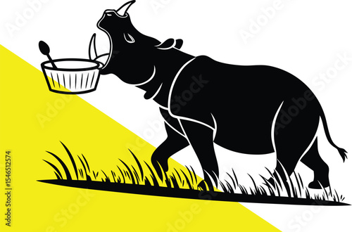 Cartoon Style Rhino with an Open Mouth and a Soup Bowl in a Grassy Landscape – Creative Silhouette of a Rhino Yawning or Roaring While Carrying a Food Bowl