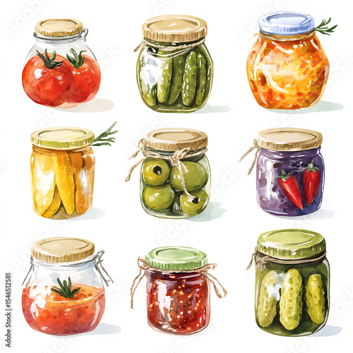 Preserved Foods Jars with Pickles, and Tomatoes.