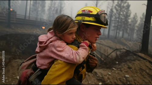 In a gripping rescue, a firefighter carries a young girl on his back away from a dangerous forest fire in California. Other responders work nearby to save more victims in peril