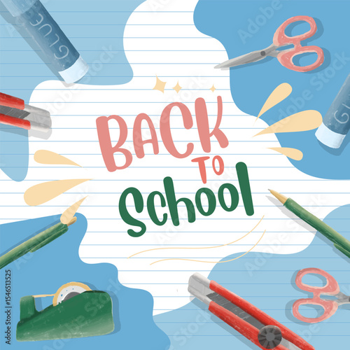 "Back to School Supplies with Stationery on Lined Paper Background