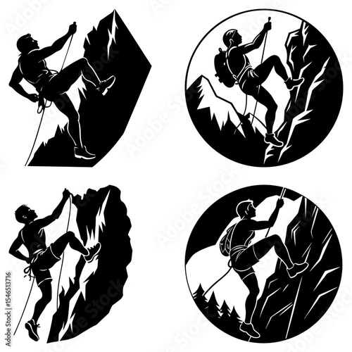 Four silhouette illustrations of rock climbers ascending mountain peaks with ropes and gear shown