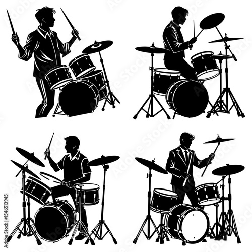 Four black and white illustrations of drummers playing drum sets in various poses and outfits