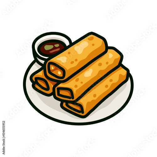 Crispy spring rolls stacked on a plate with dipping sauce, cartoon style