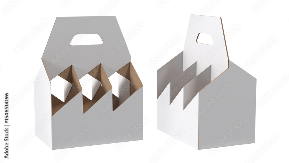 Naklejka premium A pair of white paper takeout boxes with handles and cut-out designs, ideal for packaging food items.