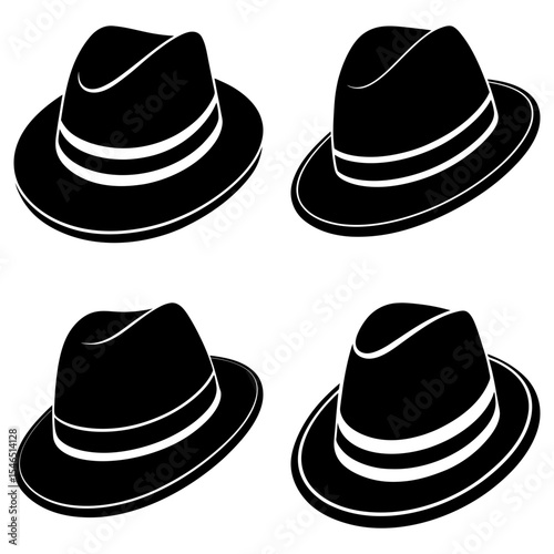 Four black fedora hats with white stripes arranged in a square pattern on a white background image style
