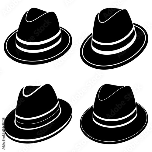 Illustration of four black fedora hats with white stripes arranged on a white background in a pattern
