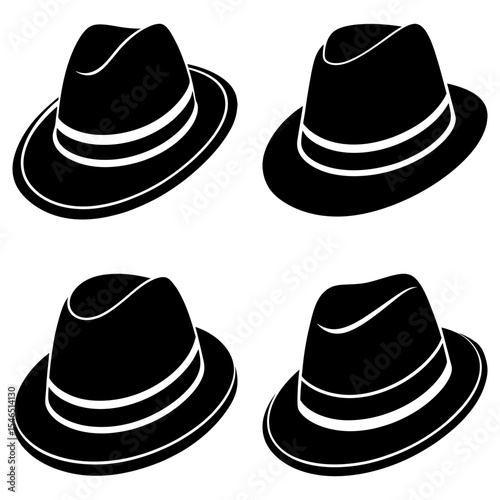 Four black fedora hats with white bands arranged in a square pattern on a white background image view