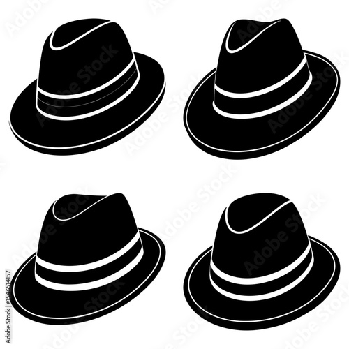 Four black fedora hats with white stripes arranged in a square pattern on a white background image