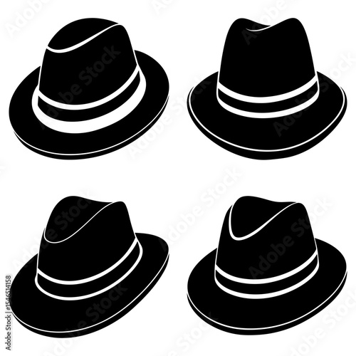 Four black fedora hats with white bands arranged in a square pattern on a white background image view