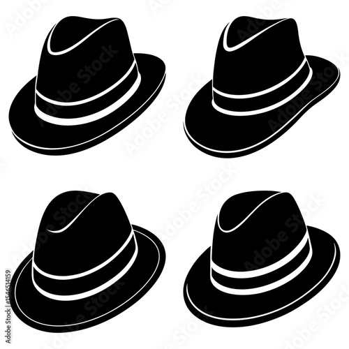 Four black fedora hats with white stripes isolated on a white background arranged in a square pattern