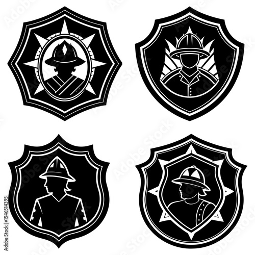 Four black and white firefighter emblems with different designs and shapes on a white background image view