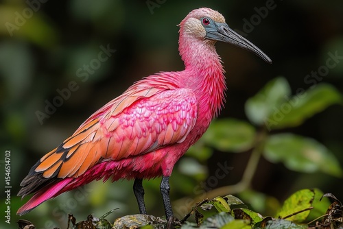 Vibrant scarlet ibis posing amidst lush greenery in a tropical habitat