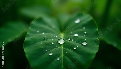 Water droplets resting on a green leaf surface with reflections and blurred background