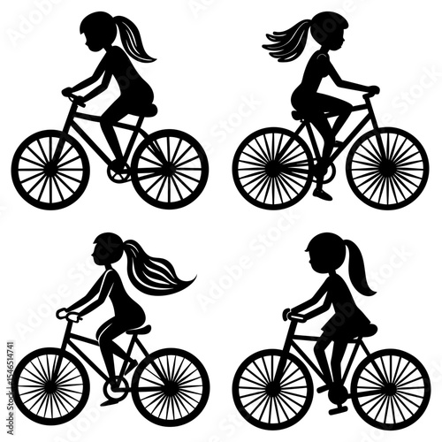Four silhouette illustrations of girls riding bicycles with different hairstyles in black and white style