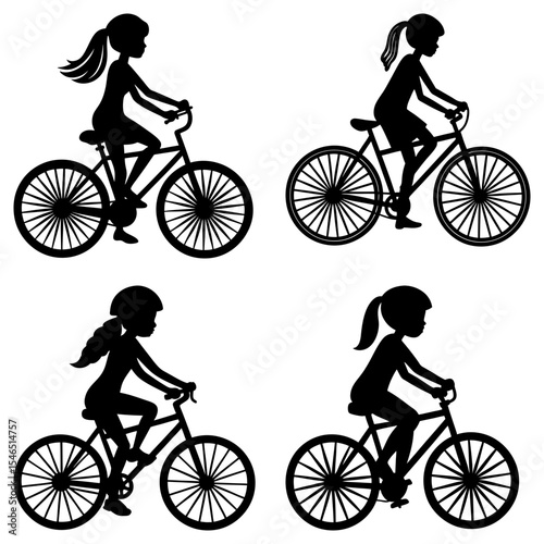 Silhouetted girls riding bicycles with various hairstyles and cycling postures in a vector illustration
