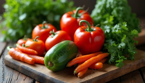 Close-up of fresh red tomatoes and herbs in kitchen setting