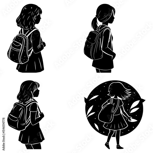 Four silhouette illustrations of girls with backpacks in various poses and circular designs, black and white