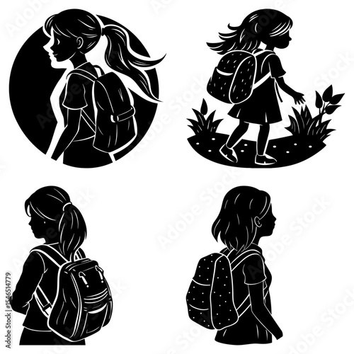 Silhouetted girls with backpacks in different poses and styles in a monochrome vector illustration