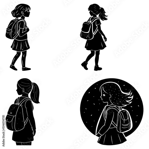 Four stylized black and white illustrations of girls with backpacks in different poses and perspectives