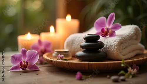  Relaxing spa setup with candles, massage stones and white flowers